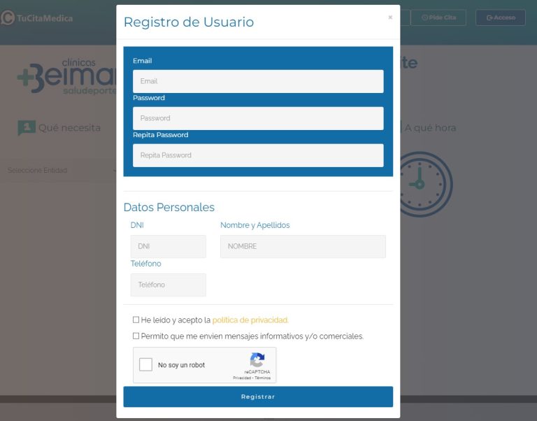 Registro de usuario en la web para cita on-line de clinica azahares
